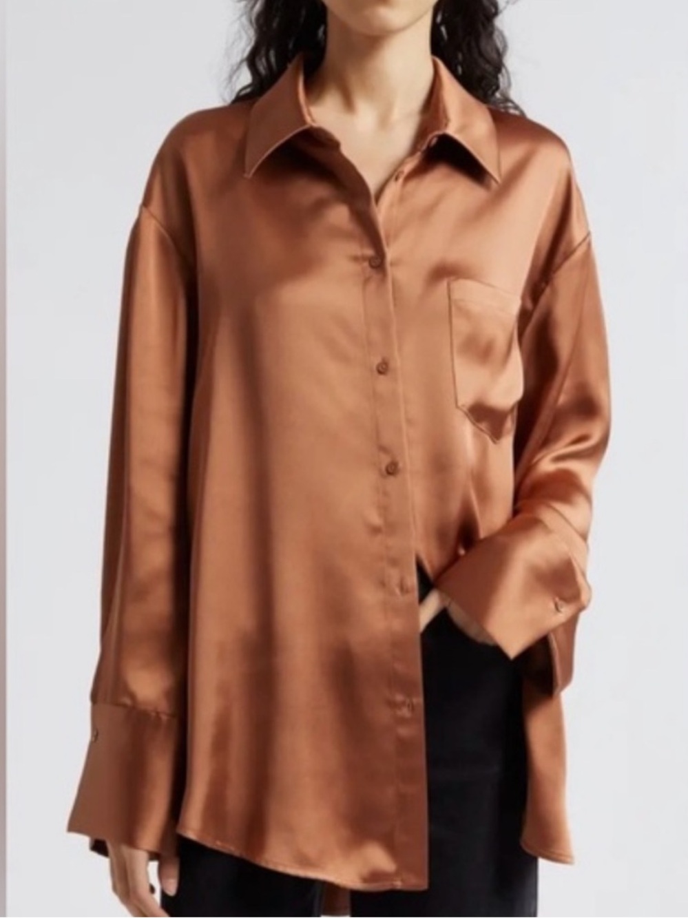 ALICE & OLIVIA Satin Button-Front Long Sleeve Shirt - Copper
